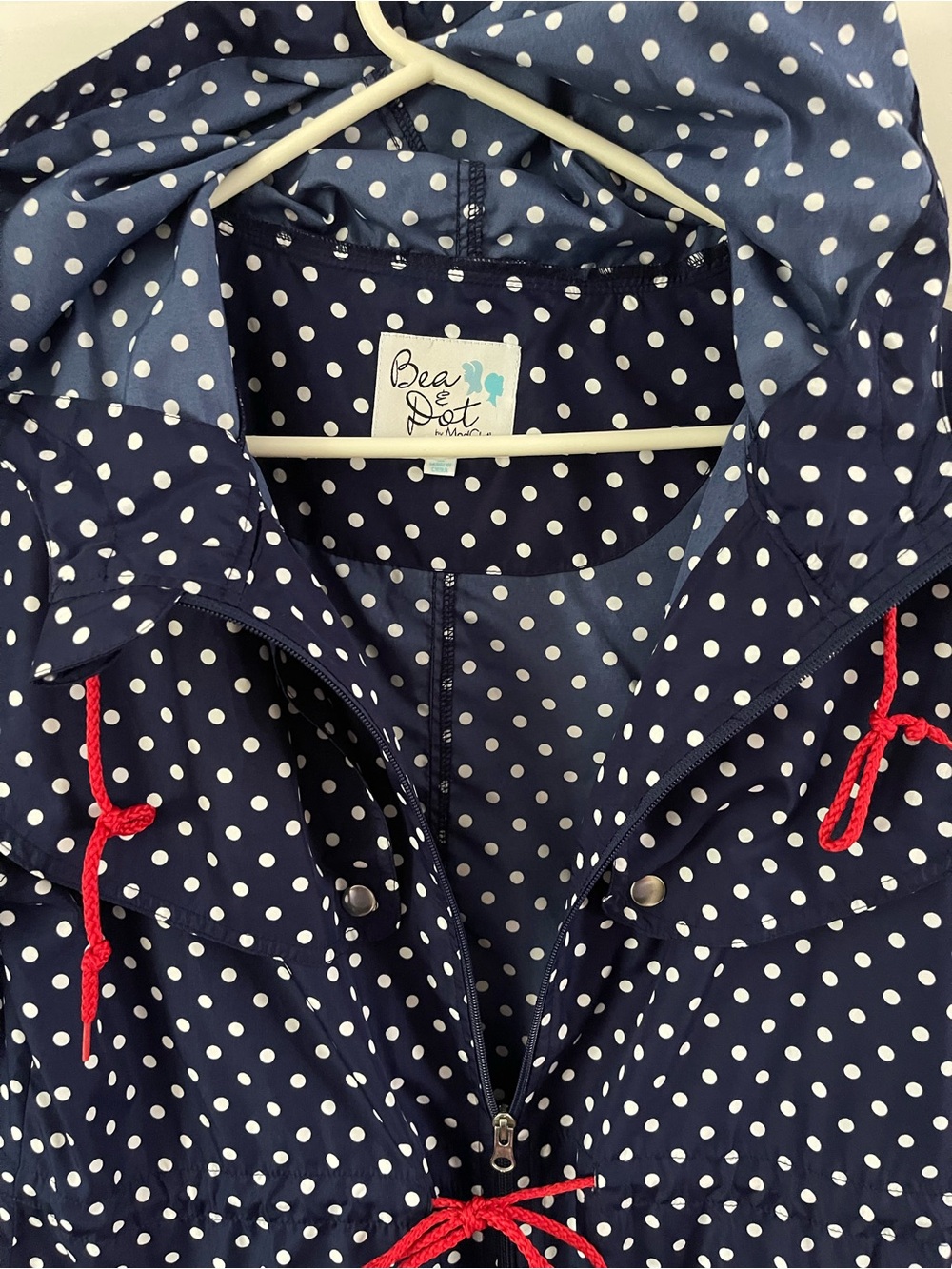 Modcloth Navy and White Polka Dot Rain Coat with Red Drawstrings - Picture 8 of 9